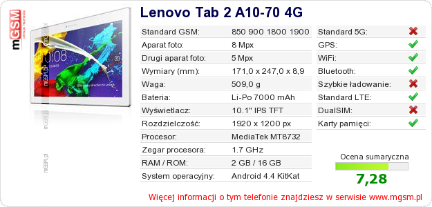 Dane telefonu Lenovo Tab 2 A10-70 4G Dane telefonu Lenovo Tab 2 A10-70 4G