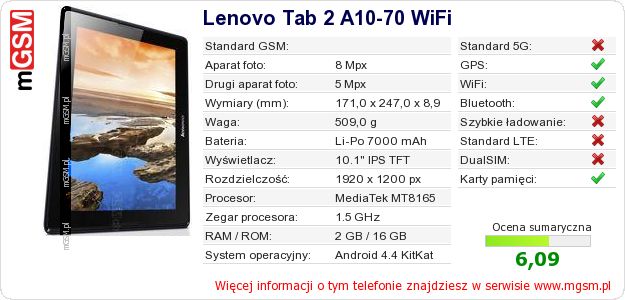 Dane telefonu Lenovo Tab 2 A10-70 WiFi