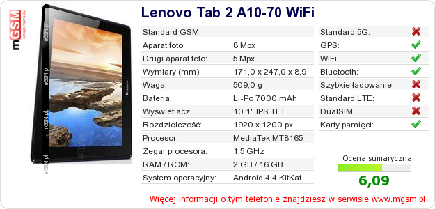 Dane telefonu Lenovo Tab 2 A10-70 WiFi