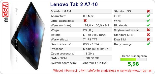 Dane telefonu Lenovo Tab 2 A7-10