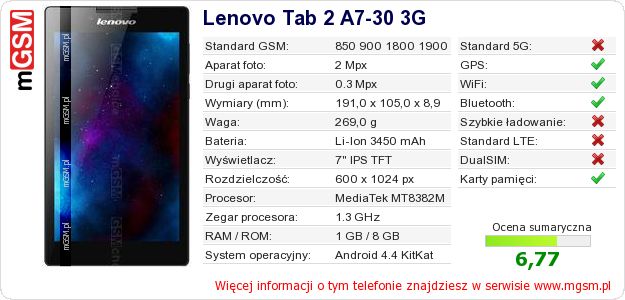 Dane telefonu Lenovo Tab 2 A7-30 3G