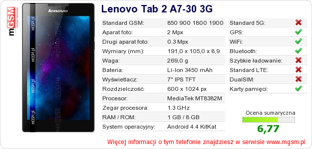 Dane telefonu Lenovo Tab 2 A7-30 3G