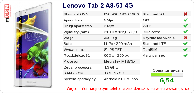 Dane telefonu Lenovo Tab 2 A8-50 4G