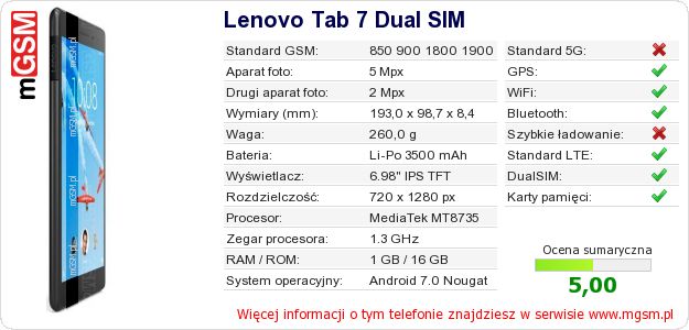 Dane telefonu Lenovo Tab 7 Dual SIM