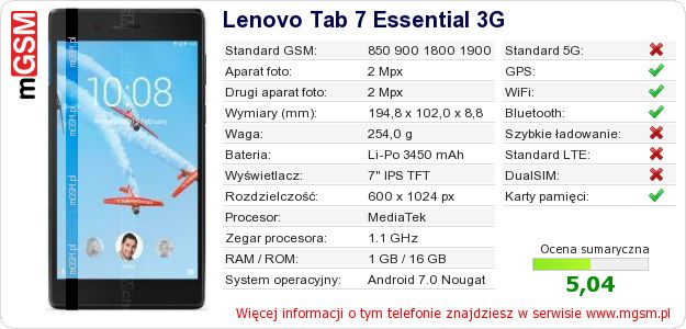 Dane telefonu Lenovo Tab 7 Essential 3G