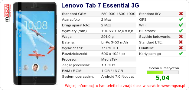Dane telefonu Lenovo Tab 7 Essential 3G