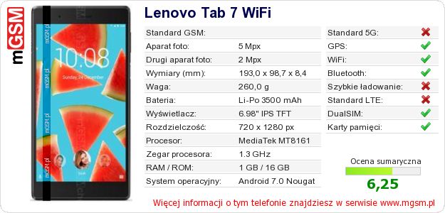 Dane telefonu Lenovo Tab 7 WiFi Dane telefonu Lenovo Tab 7 WiFi