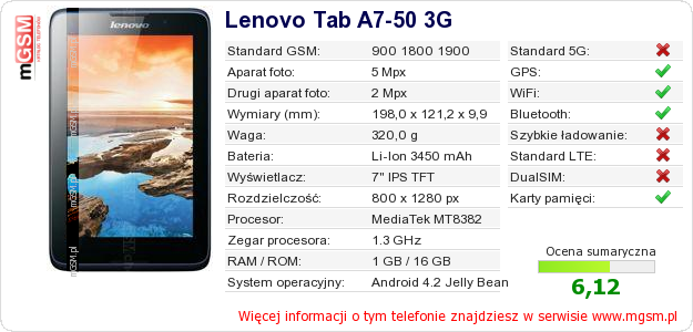 Dane telefonu Lenovo Tab A7-50 3G Dane telefonu Lenovo Tab A7-50 3G