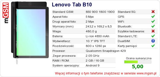Dane telefonu Lenovo Tab B10 Dane telefonu Lenovo Tab B10