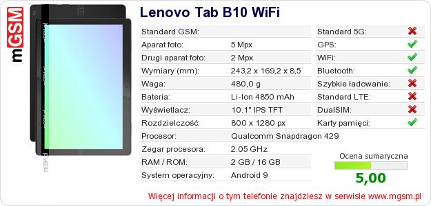 Dane telefonu Lenovo Tab B10 WiFi