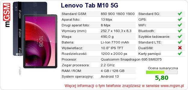 Dane telefonu Lenovo Tab M10 5G