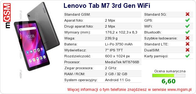 Dane telefonu Lenovo Tab M7 3rd Gen WiFi