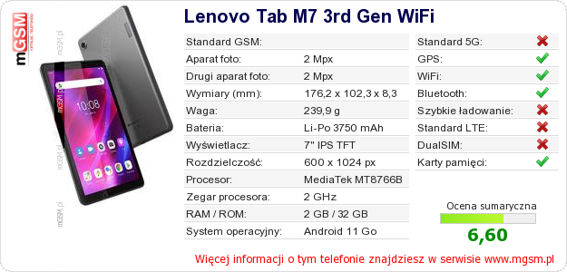 Dane telefonu Lenovo Tab M7 3rd Gen WiFi