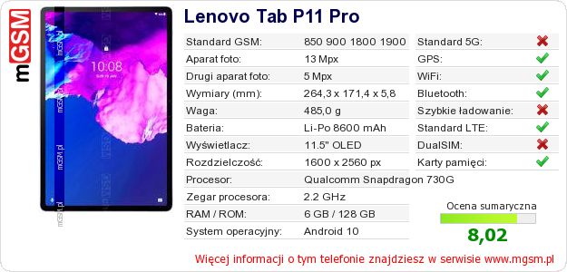 Dane telefonu Lenovo Tab P11 Pro Dane telefonu Lenovo Tab P11 Pro