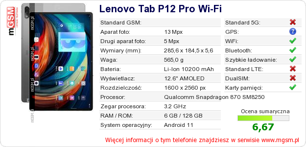 Dane telefonu Lenovo Tab P12 Pro Wi-Fi Dane telefonu Lenovo Tab P12 Pro Wi-Fi