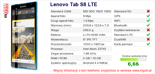 Dane telefonu Lenovo Tab S8 LTE