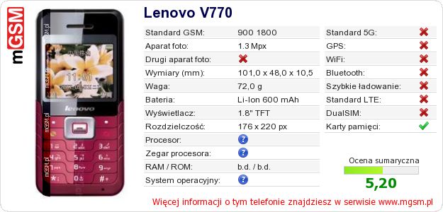 Dane telefonu Lenovo V770 Dane telefonu Lenovo V770