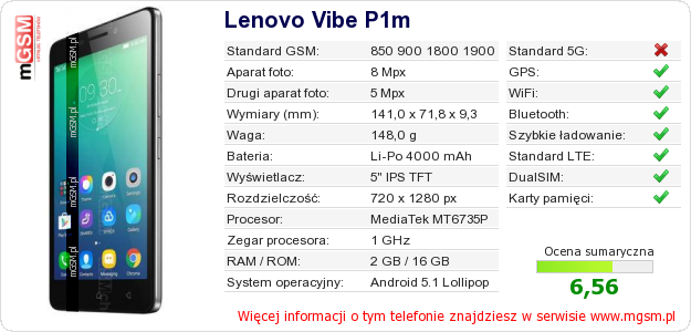 Dane telefonu Lenovo Vibe P1m Dane telefonu Lenovo Vibe P1m