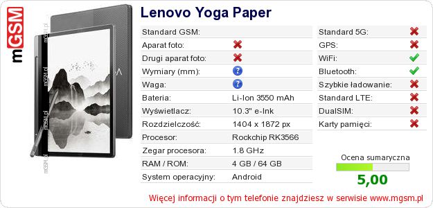 Dane telefonu Lenovo Yoga Paper Dane telefonu Lenovo Yoga Paper
