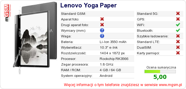 Dane telefonu Lenovo Yoga Paper