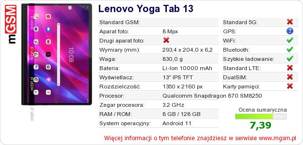 Dane telefonu Lenovo Yoga Tab 13 Dane telefonu Lenovo Yoga Tab 13