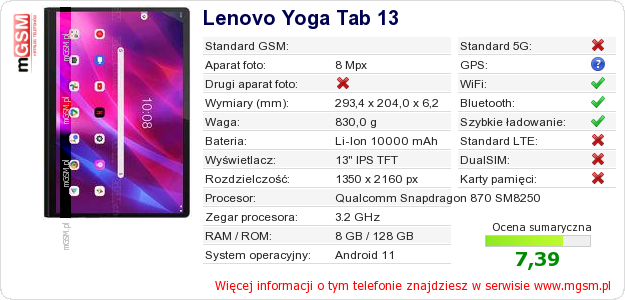 Dane telefonu Lenovo Yoga Tab 13