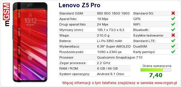 Dane telefonu Lenovo Z5 Pro Dane telefonu Lenovo Z5 Pro