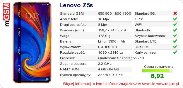 Dane telefonu Lenovo Z5s