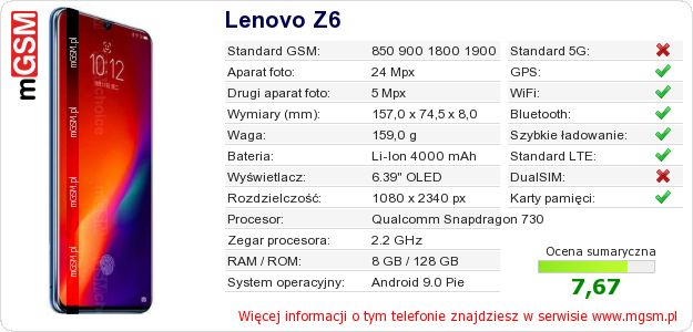 Dane telefonu Lenovo Z6