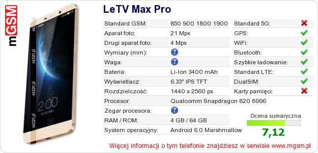 Dane telefonu LeTV Max Pro Dane telefonu LeTV Max Pro