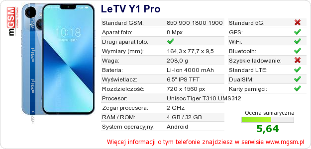 Dane telefonu LeTV Y1 Pro