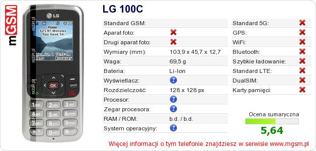 Dane telefonu LG 100C