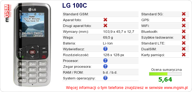 Dane telefonu LG 100C
