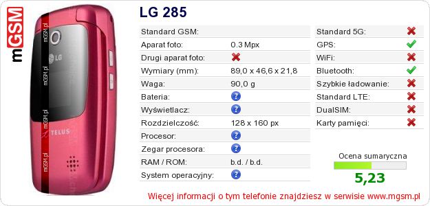 Dane telefonu LG 285