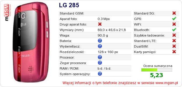Dane telefonu LG 285