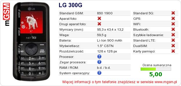 Dane telefonu LG 300G Dane telefonu LG 300G