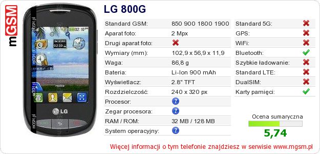 Dane telefonu LG 800G Dane telefonu LG 800G