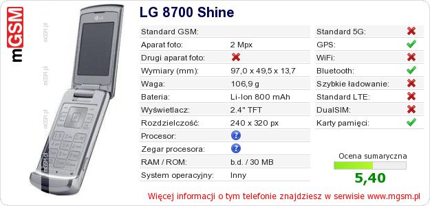 Dane telefonu LG 8700 Shine