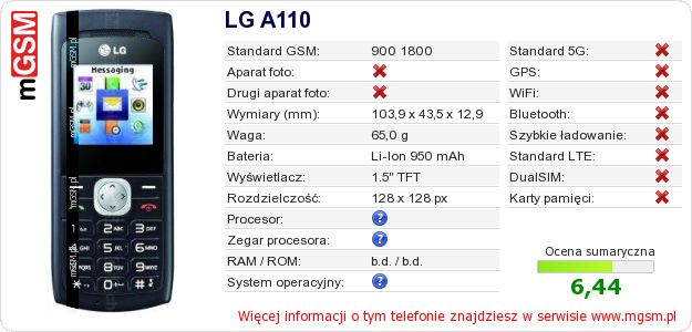 Dane telefonu LG A110