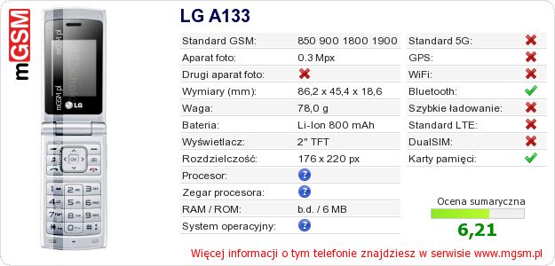 Dane telefonu LG A133 Dane telefonu LG A133