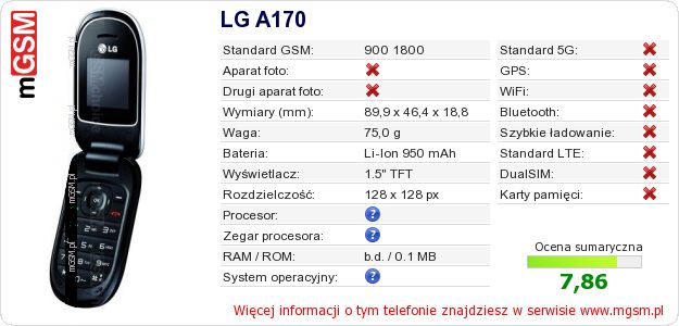 Dane telefonu LG A170 Dane telefonu LG A170