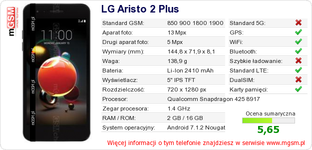 Dane telefonu LG Aristo 2 Plus