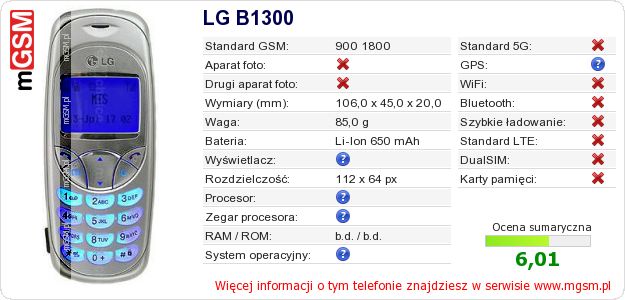 Dane telefonu LG B1300 Dane telefonu LG B1300