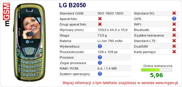 Dane telefonu LG B2050