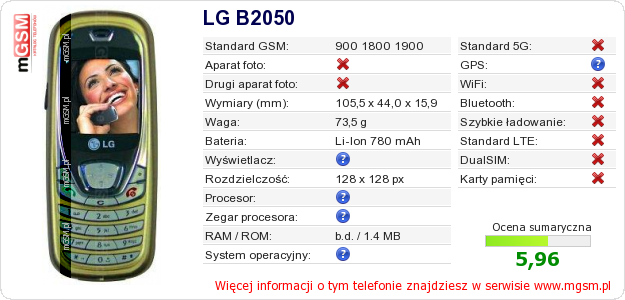 Dane telefonu LG B2050 Dane telefonu LG B2050