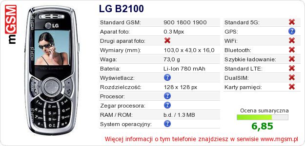 Dane telefonu LG B2100