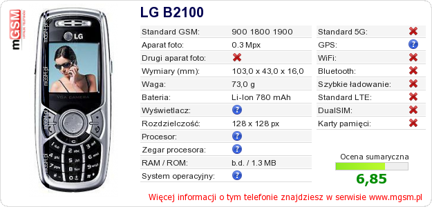 Dane telefonu LG B2100
