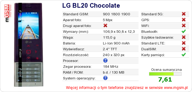 Dane telefonu LG BL20 Chocolate