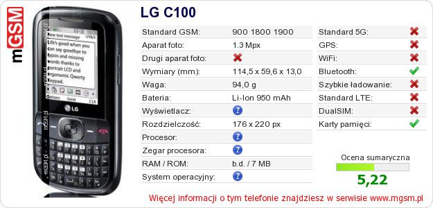 Dane telefonu LG C100 Dane telefonu LG C100