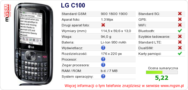 Dane telefonu LG C100